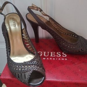 Guess by Marciano brown basket weave heels